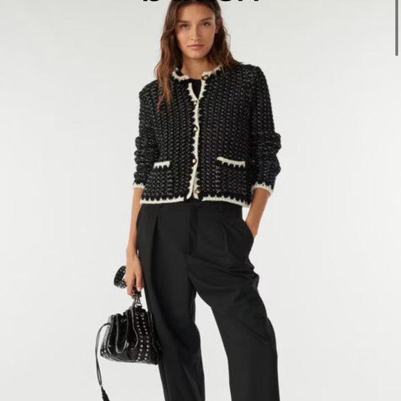 SWEATER- BA&SH Black & White Knit Cardigan - Picture 2 of 7